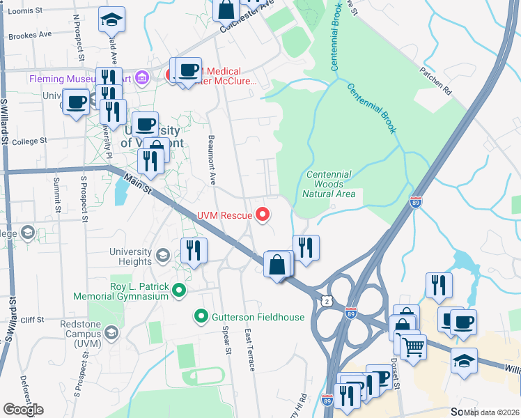 map of restaurants, bars, coffee shops, grocery stores, and more near 284 East Avenue in Burlington