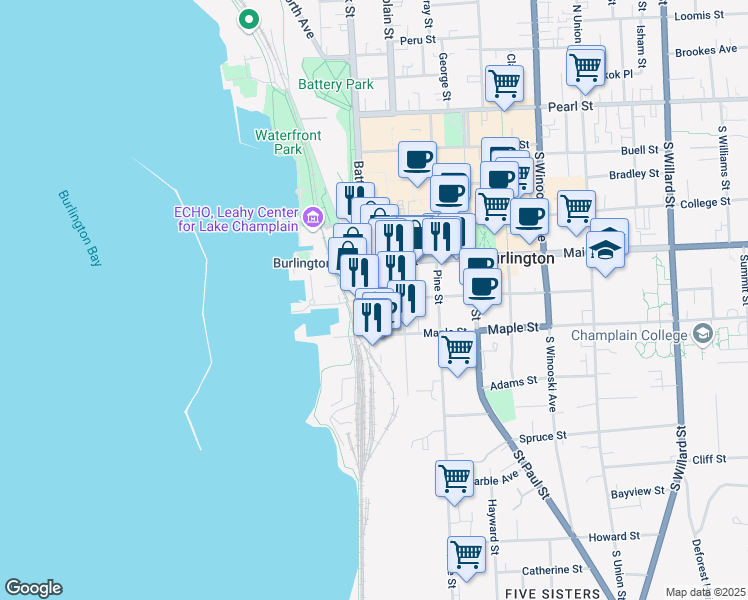 map of restaurants, bars, coffee shops, grocery stores, and more near 88 King Street in Burlington