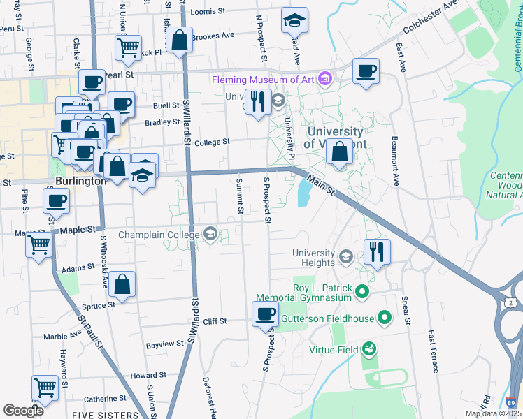 map of restaurants, bars, coffee shops, grocery stores, and more near 42 Summit Street in Burlington