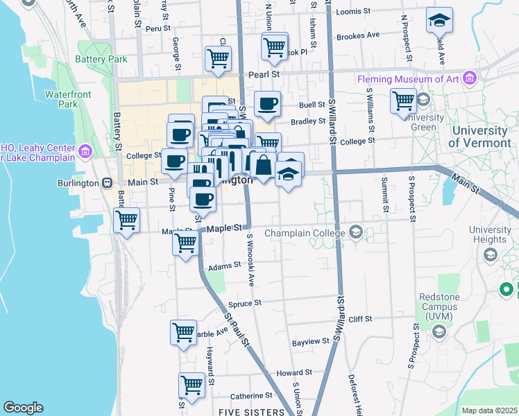 map of restaurants, bars, coffee shops, grocery stores, and more near 184 South Winooski Avenue in Burlington