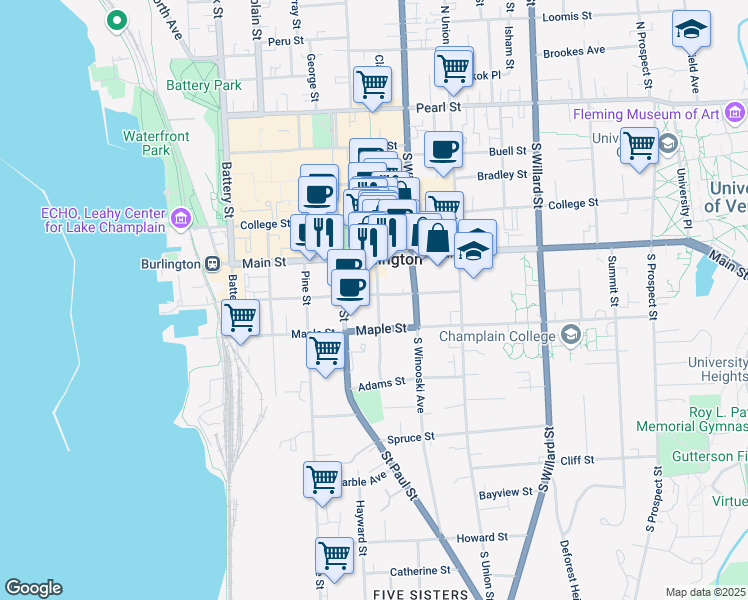 map of restaurants, bars, coffee shops, grocery stores, and more near 175 Main Street in Burlington