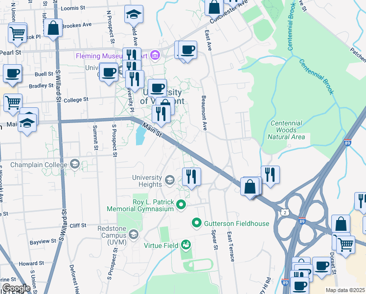 map of restaurants, bars, coffee shops, grocery stores, and more near 622 Main Street in Burlington