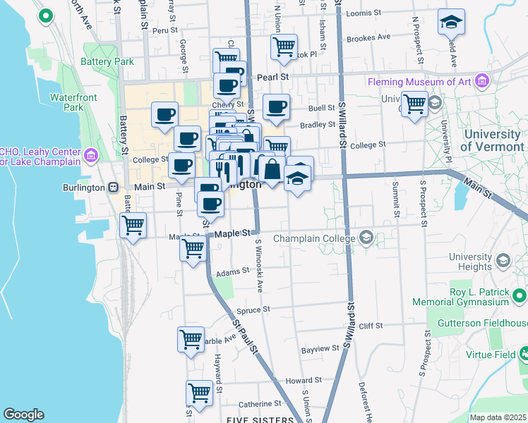 map of restaurants, bars, coffee shops, grocery stores, and more near 184 South Winooski Avenue in Burlington