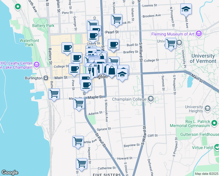 map of restaurants, bars, coffee shops, grocery stores, and more near 203 King Street in Burlington