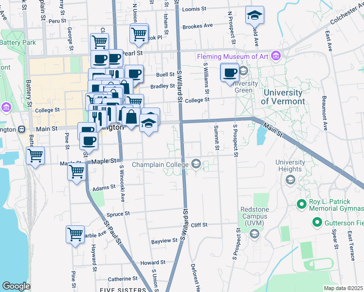 map of restaurants, bars, coffee shops, grocery stores, and more near 197 South Willard Street in Burlington