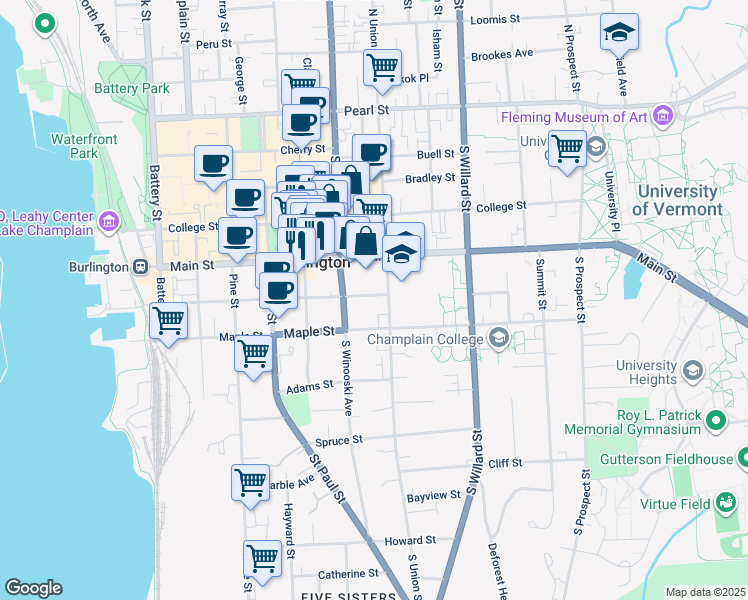 map of restaurants, bars, coffee shops, grocery stores, and more near 181 South Union Street in Burlington