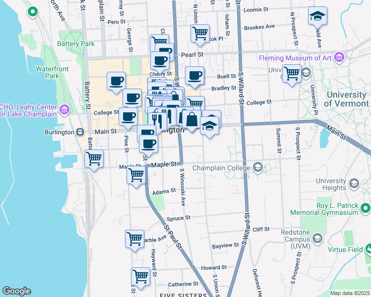 map of restaurants, bars, coffee shops, grocery stores, and more near 184 South Winooski Avenue in Burlington