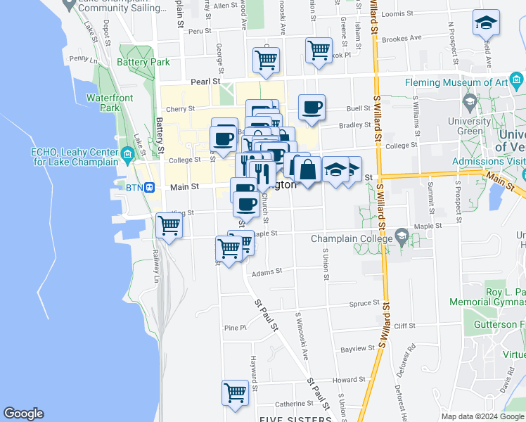 map of restaurants, bars, coffee shops, grocery stores, and more near 175 Main Street in Burlington