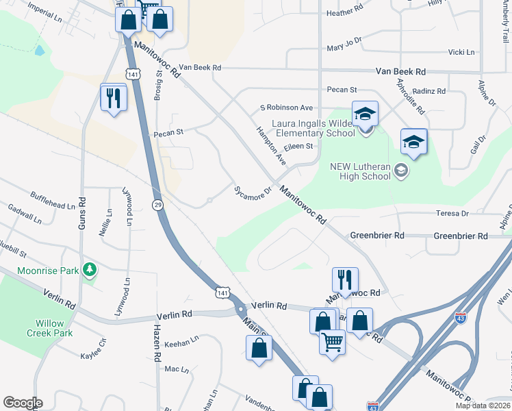 map of restaurants, bars, coffee shops, grocery stores, and more near 2438 Sycamore Drive in Green Bay