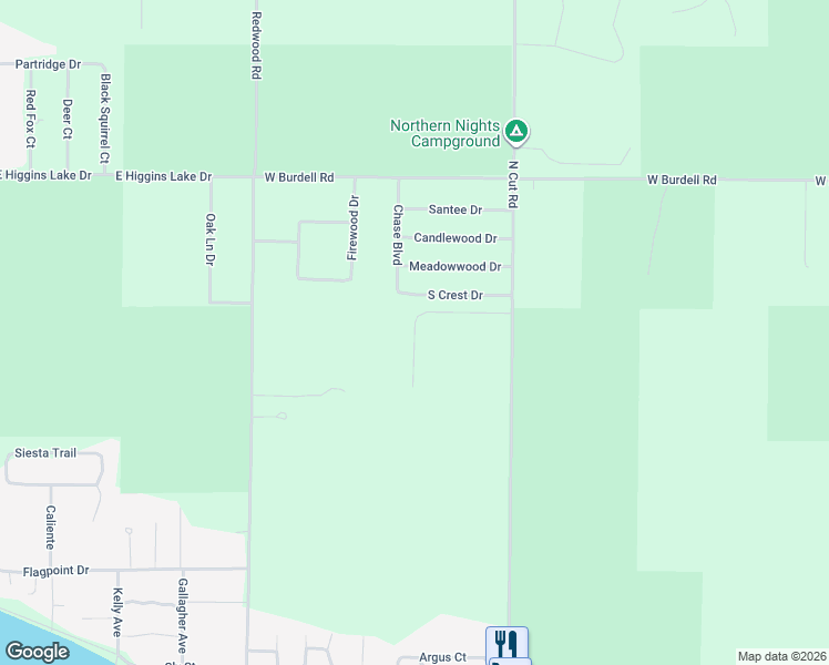 map of restaurants, bars, coffee shops, grocery stores, and more near Meadowlark Drive in Roscommon