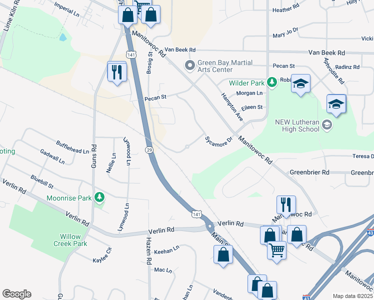 map of restaurants, bars, coffee shops, grocery stores, and more near 1403 Brosig Street in Green Bay
