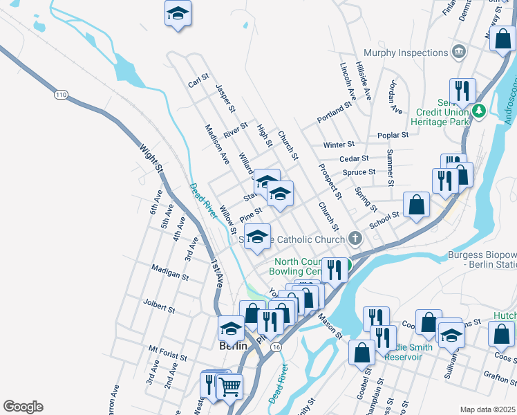 map of restaurants, bars, coffee shops, grocery stores, and more near 266 Madison Avenue in Berlin