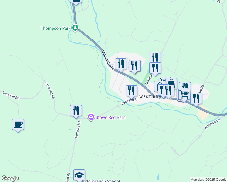 map of restaurants, bars, coffee shops, grocery stores, and more near 90 Strom Farm Lane in Stowe