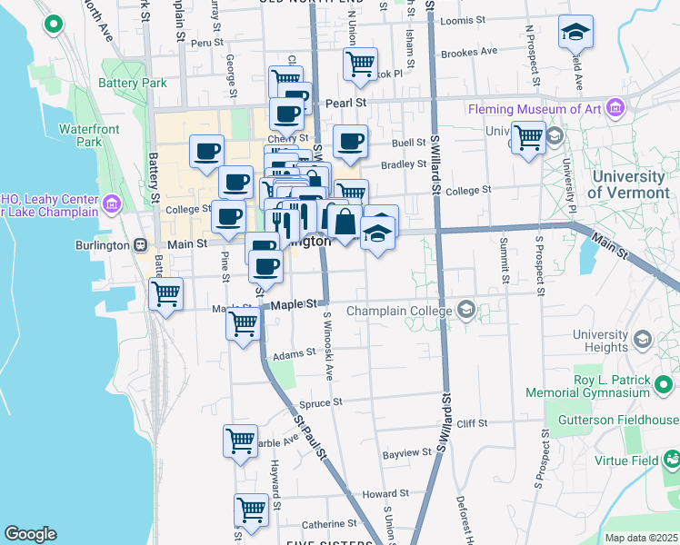 map of restaurants, bars, coffee shops, grocery stores, and more near 184 South Winooski Avenue in Burlington