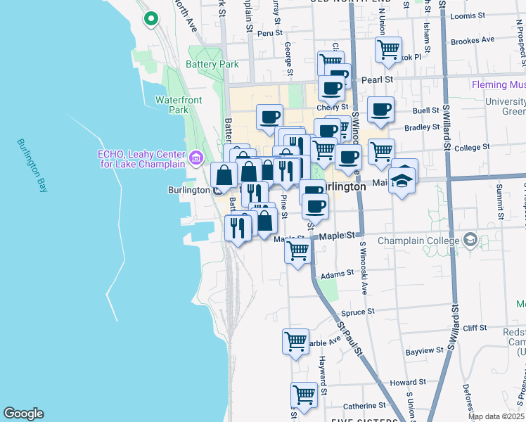 map of restaurants, bars, coffee shops, grocery stores, and more near 56 King Street in Burlington