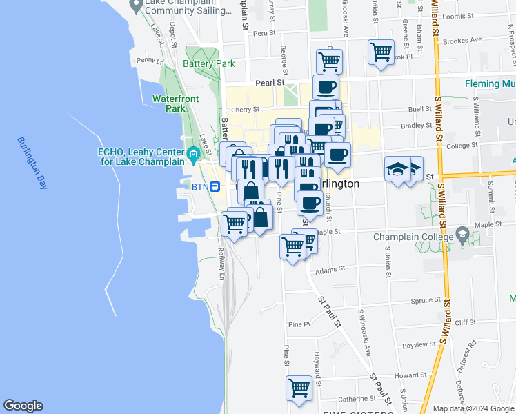 map of restaurants, bars, coffee shops, grocery stores, and more near 46 King Street in Burlington