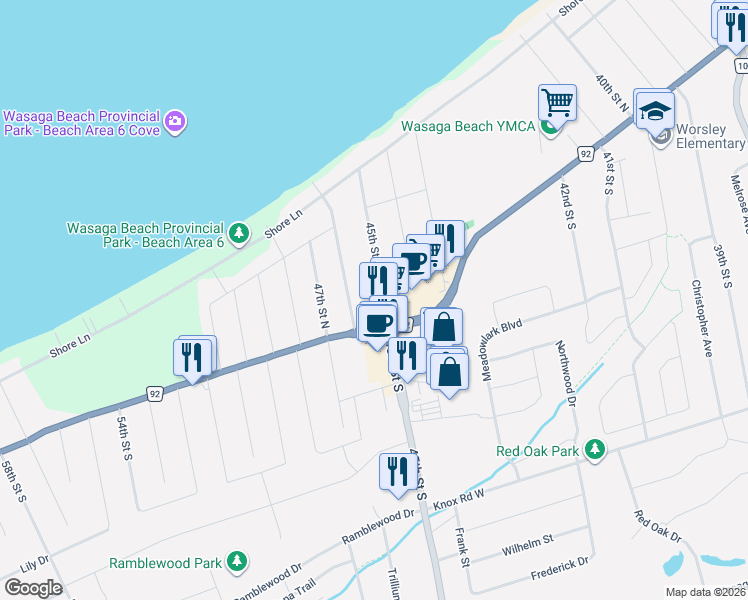 map of restaurants, bars, coffee shops, grocery stores, and more near 85 46th Street North in Wasaga Beach