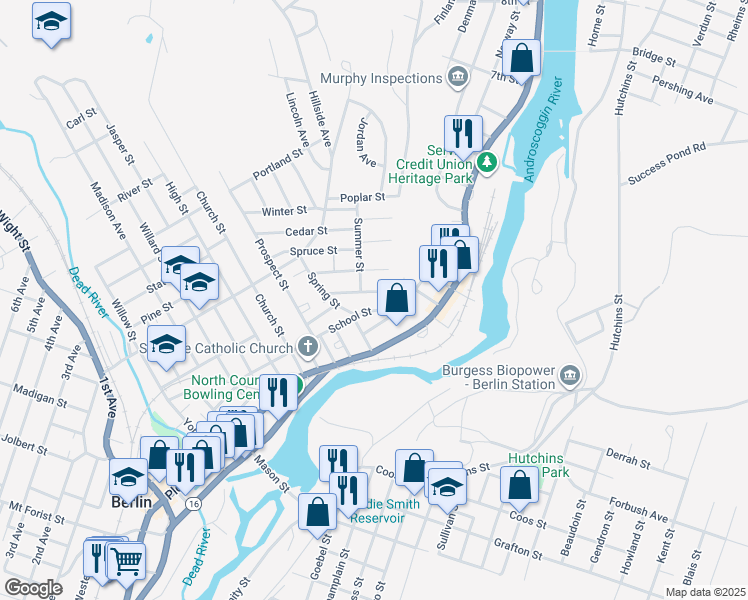 map of restaurants, bars, coffee shops, grocery stores, and more near 411 School Street in Berlin