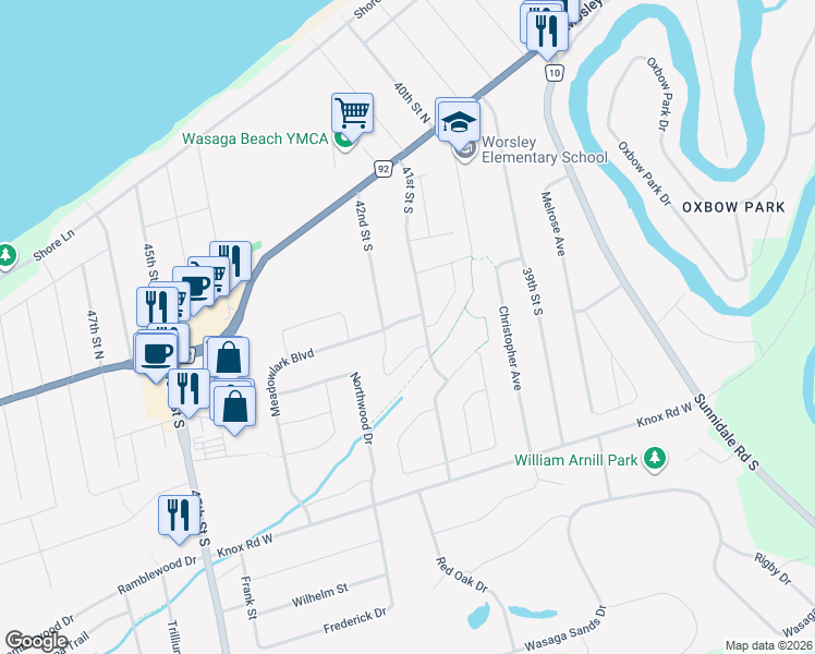 map of restaurants, bars, coffee shops, grocery stores, and more near 89 Meadowlark Boulevard in Wasaga Beach