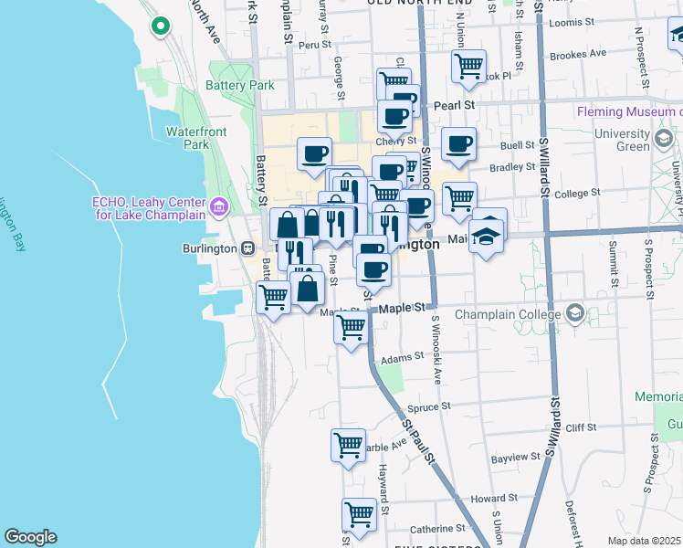 map of restaurants, bars, coffee shops, grocery stores, and more near 82 King Street in Burlington