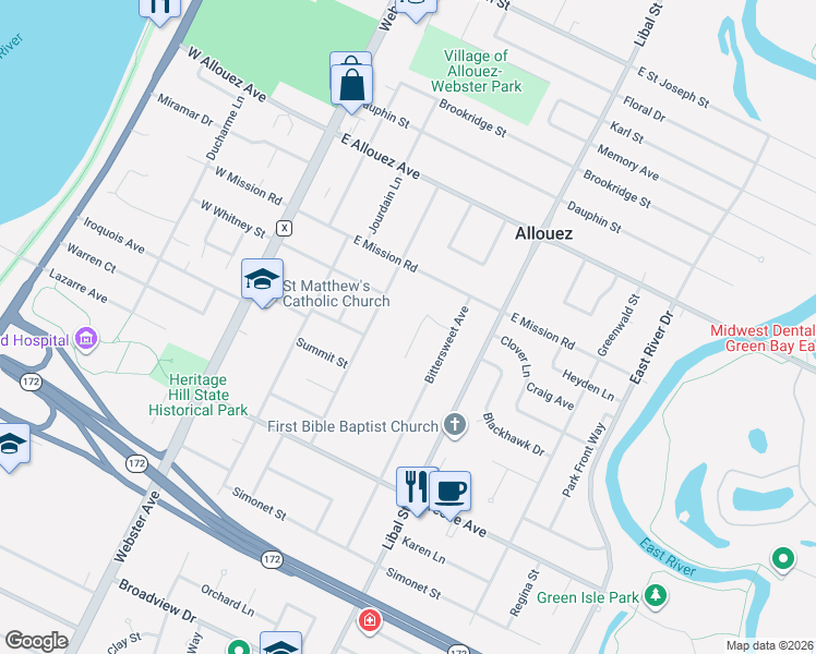 map of restaurants, bars, coffee shops, grocery stores, and more near 2460 Brenner Place in Allouez