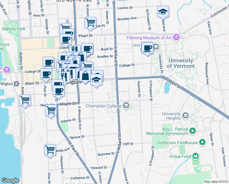 map of restaurants, bars, coffee shops, grocery stores, and more near 197 South Willard Street in Burlington