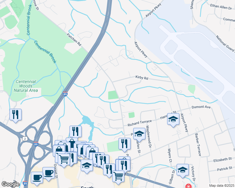 map of restaurants, bars, coffee shops, grocery stores, and more near Patchen Road in South Burlington