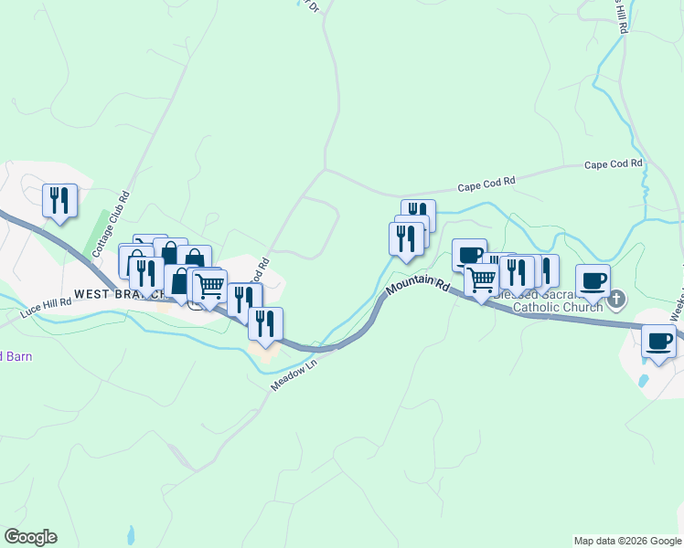 map of restaurants, bars, coffee shops, grocery stores, and more near Stowe Bike Path in Stowe