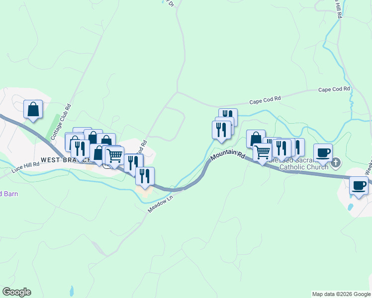 map of restaurants, bars, coffee shops, grocery stores, and more near Stowe Bike Path in Stowe