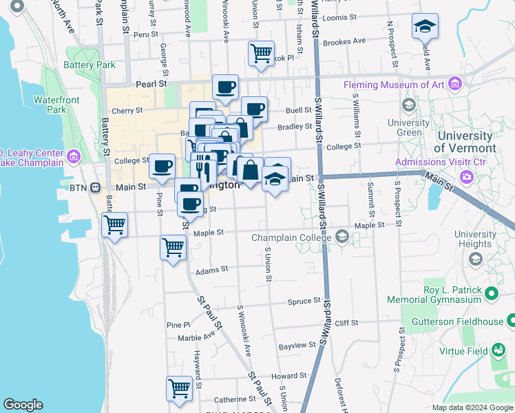 map of restaurants, bars, coffee shops, grocery stores, and more near 181 South Union Street in Burlington