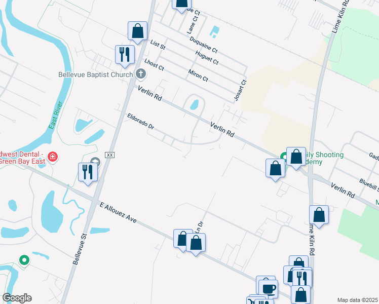 map of restaurants, bars, coffee shops, grocery stores, and more near 1808 Eldorado Drive in Green Bay