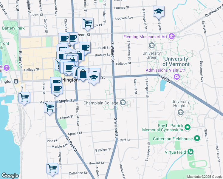 map of restaurants, bars, coffee shops, grocery stores, and more near 197 South Willard Street in Burlington
