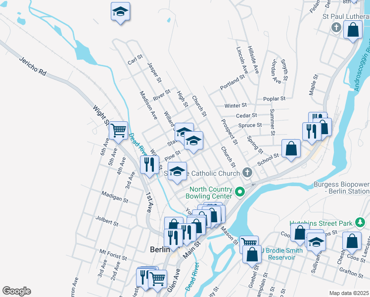 map of restaurants, bars, coffee shops, grocery stores, and more near 193 Pine Street in Berlin