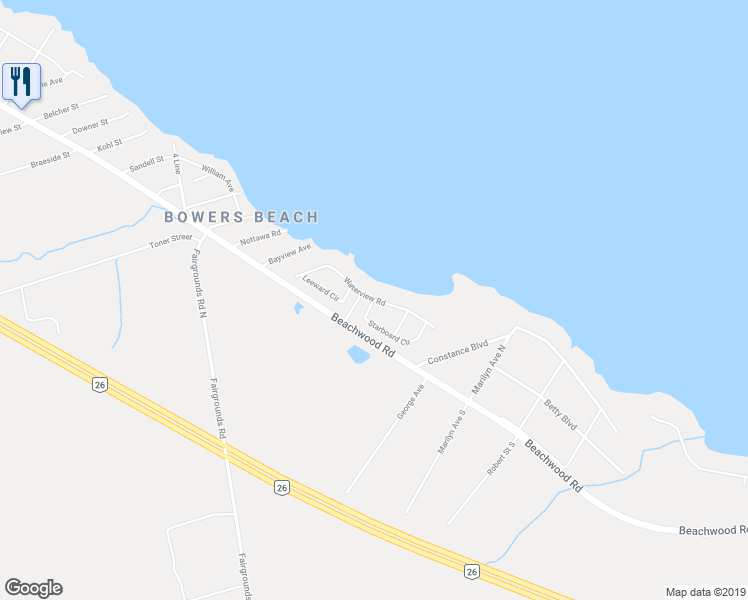 map of restaurants, bars, coffee shops, grocery stores, and more near 46 Waterview Road in Wasaga Beach