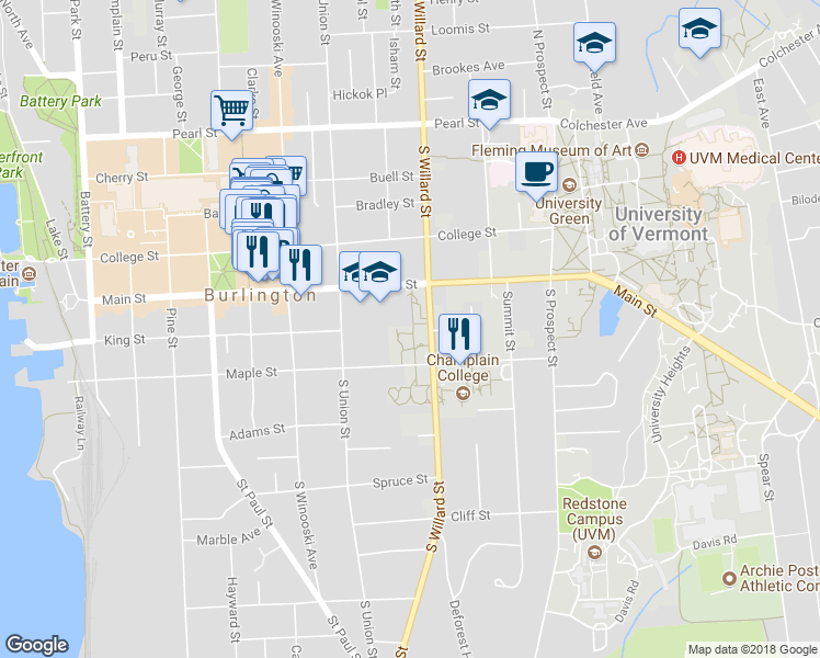 map of restaurants, bars, coffee shops, grocery stores, and more near 195 S Willard St in Burlington