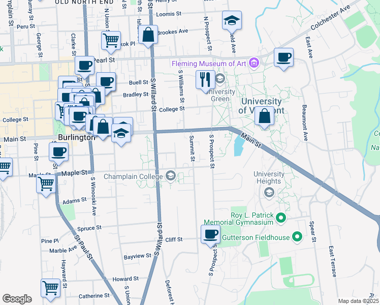 map of restaurants, bars, coffee shops, grocery stores, and more near 37 Summit Street in Burlington