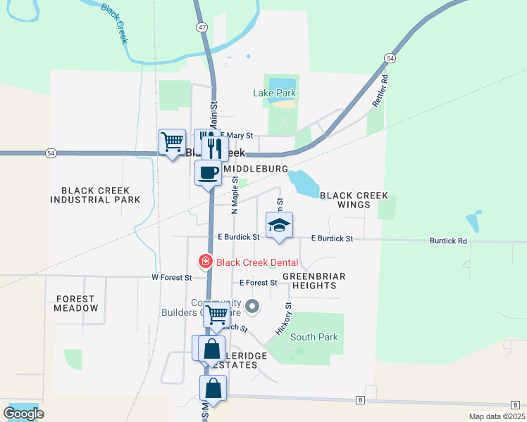 map of restaurants, bars, coffee shops, grocery stores, and more near 202 N Beech St in Black Creek