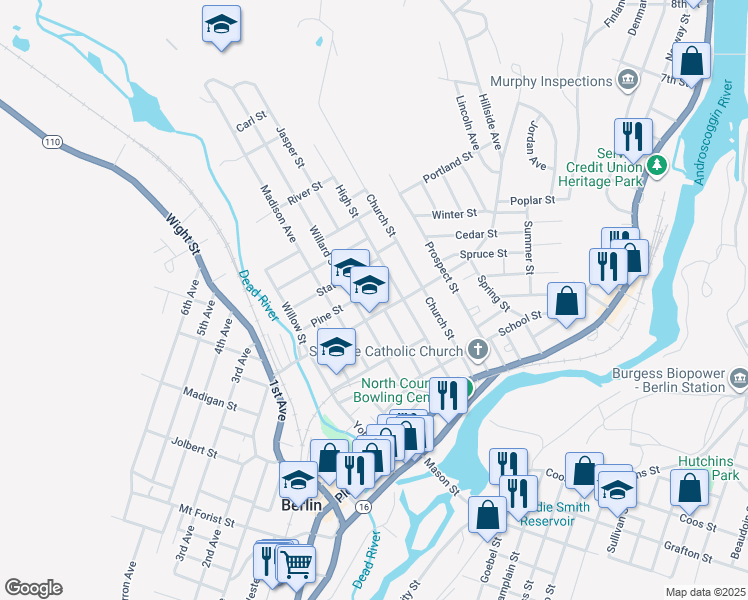 map of restaurants, bars, coffee shops, grocery stores, and more near 183 Hillside Avenue in Berlin