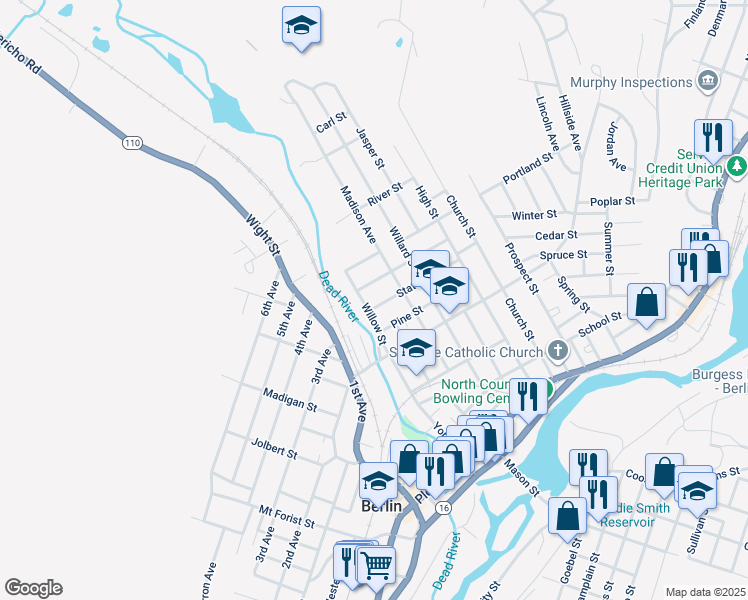 map of restaurants, bars, coffee shops, grocery stores, and more near 93 State Street in Berlin