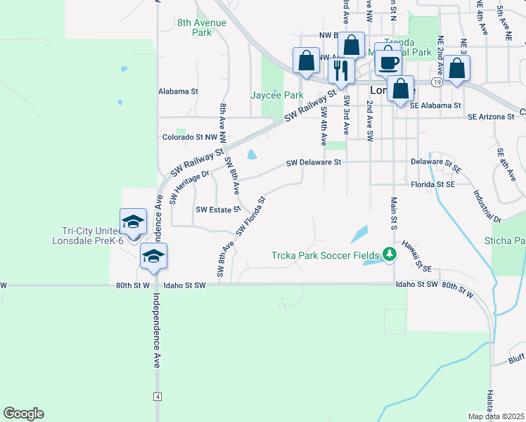 map of restaurants, bars, coffee shops, grocery stores, and more near 729 Southwest Florida Street in Lonsdale