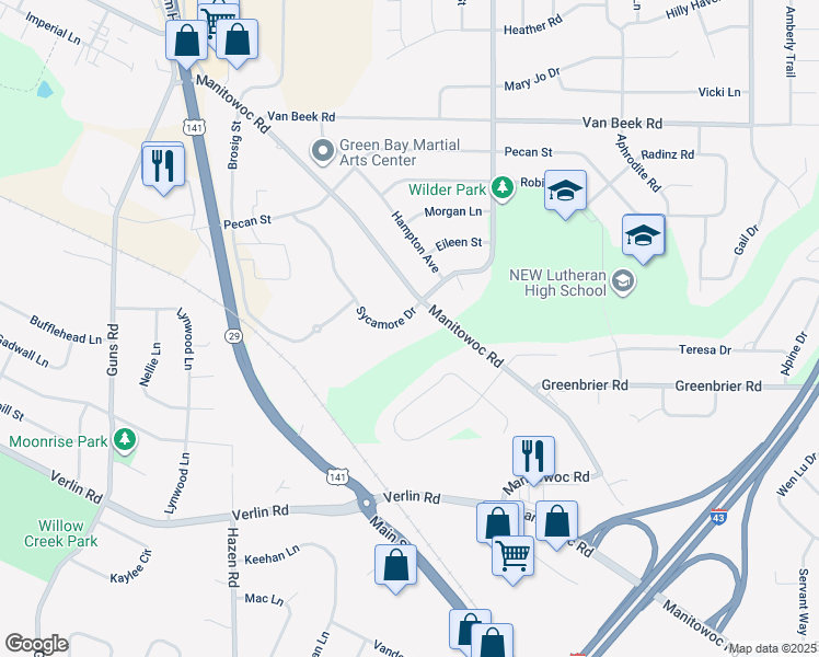 map of restaurants, bars, coffee shops, grocery stores, and more near 2442A Sycamore Drive in Green Bay