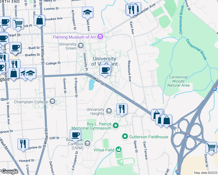 map of restaurants, bars, coffee shops, grocery stores, and more near 622 Main Street in Burlington