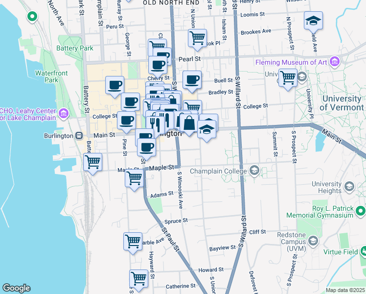 map of restaurants, bars, coffee shops, grocery stores, and more near 184 South Winooski Avenue in Burlington