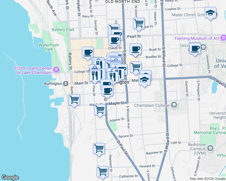 map of restaurants, bars, coffee shops, grocery stores, and more near 120 King Street in Burlington