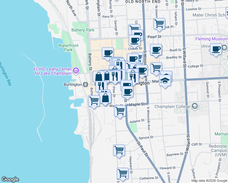 map of restaurants, bars, coffee shops, grocery stores, and more near 86 King Street in Burlington