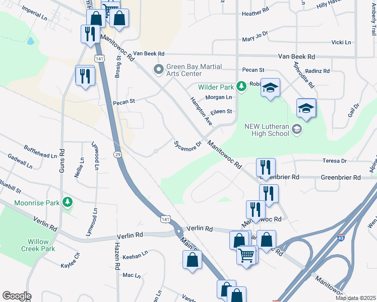 map of restaurants, bars, coffee shops, grocery stores, and more near 2442A Sycamore Drive in Green Bay