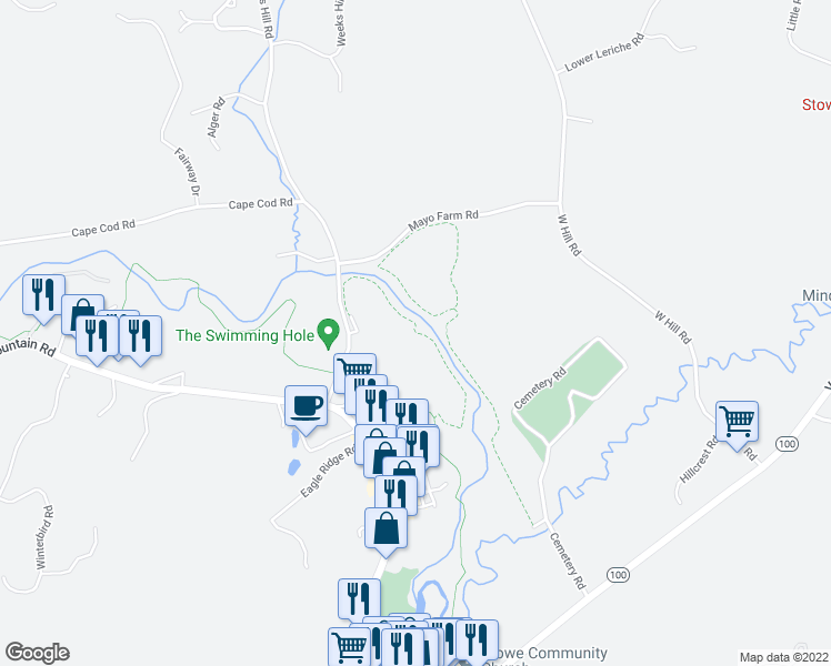 map of restaurants, bars, coffee shops, grocery stores, and more near Quiet Path-Week Hill Rd side in Stowe