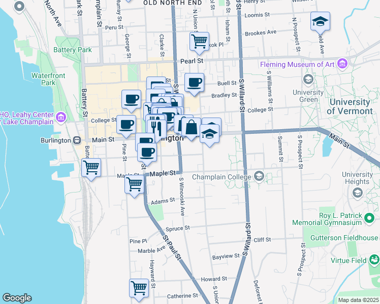 map of restaurants, bars, coffee shops, grocery stores, and more near 184 South Winooski Avenue in Burlington