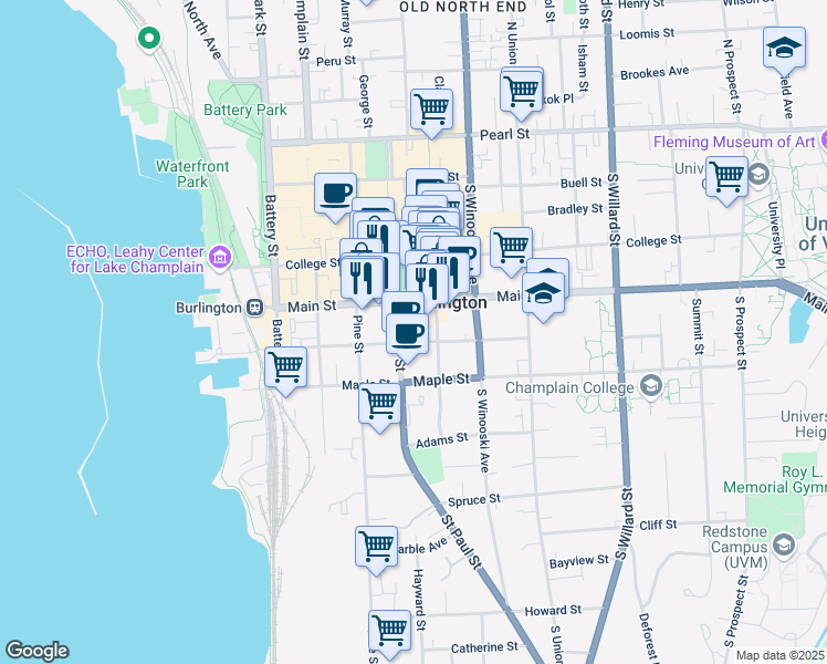 map of restaurants, bars, coffee shops, grocery stores, and more near 120 King Street in Burlington