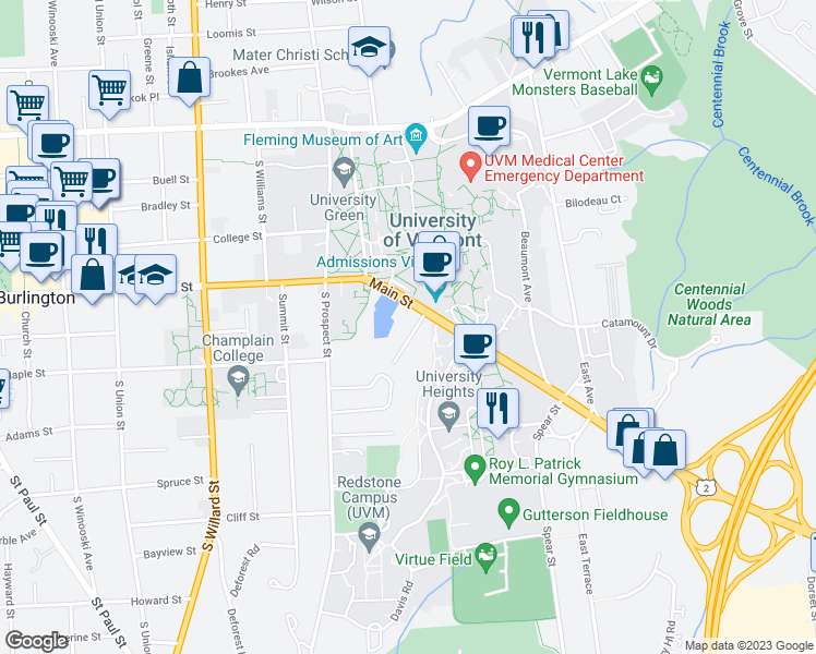 map of restaurants, bars, coffee shops, grocery stores, and more near 21 University Terrace in Burlington